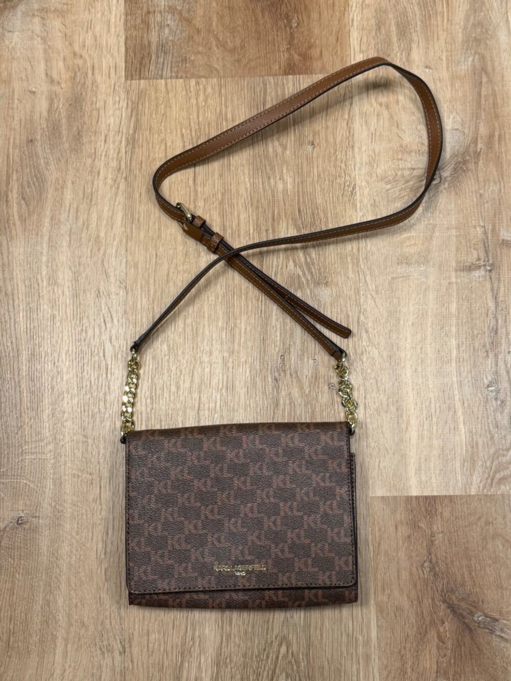 Karl Lagerfeld Paris Monogram Crossbody Bag Brown Chain Strap Adjustable Leather